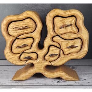 Hand Carved Wooden Tree Of Life Puzzle Box Sculptural Artisan Valet Organizer
